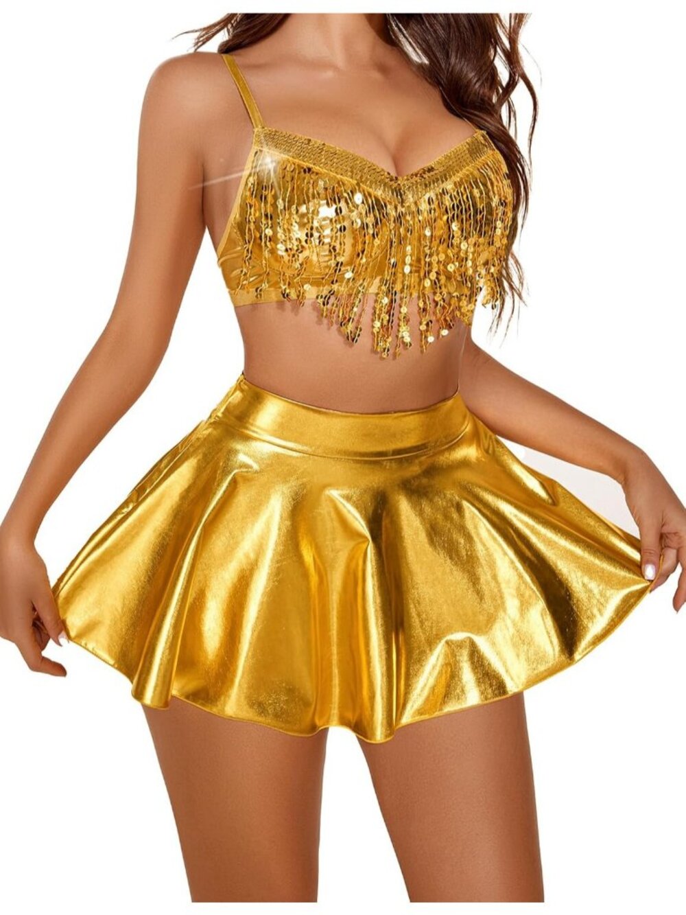 Women's Gold Sequin Fringe Rave Outfit Metallic Skirt Festival Lingerie Set